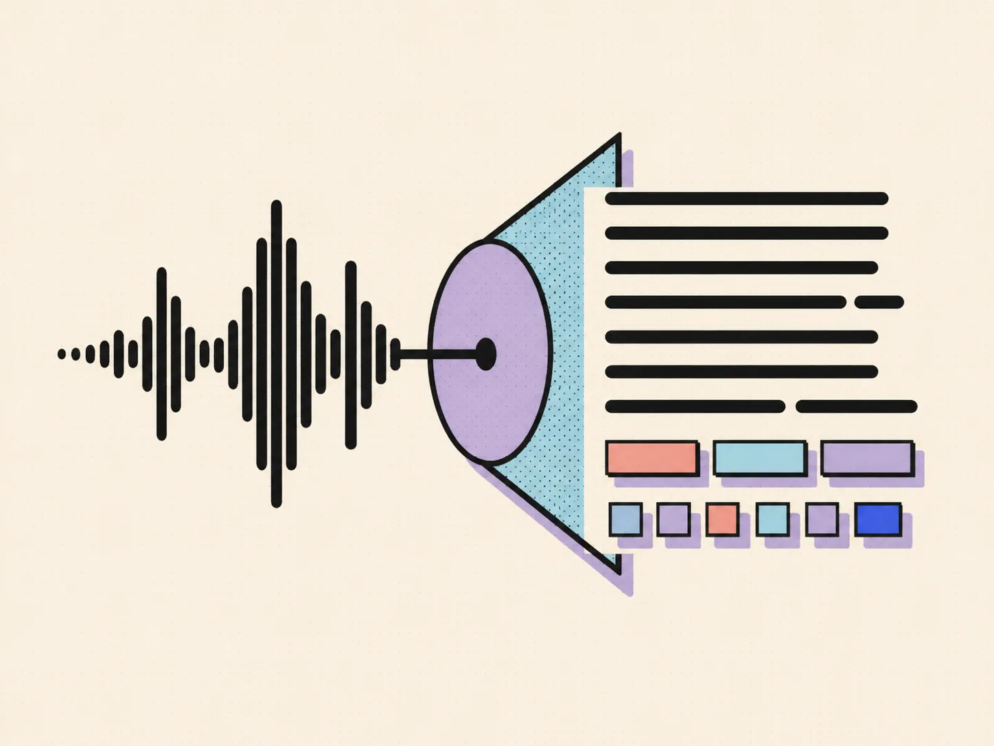 An audio waveform transforming into structured transcript lines and data blocks